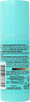 Turkusowy spray L'Oréal Magic Retouch 75ml do retuszu odrostów, tył opakowania z tekstami i paletą brązów.