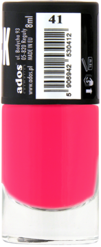 Lakier do paznokci Ados, odcień 41, różowy, tył butelki z etykietą i kodem kreskowym, 8ml.