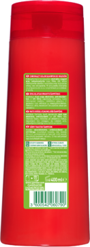Tył czerwonego szamponu Garnier Fructis Color Resist 400ml z zieloną etykietą, tekstem i kodem kreskowym.