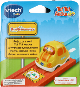 Zabawkowy samochodzik VTech Baby Tut Tut Autka Auto, żółty z pomarańczowymi pasami, w blistrze, na torze.