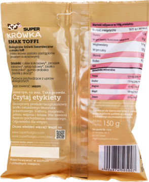 Tył beżowego opakowania Super Krówki Toffi bezmleczne. Widoczny skład i wartości odżywcze.