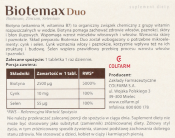 Dół etykiety suplementu Biotemax Duo z tabelą składników: Biotyna, Cynk, Selen; na beżowym tle.