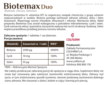 Biotemax Duo suplement diety z biotyną, cynkiem, selenem, z widoczną tabelą składników i danymi producenta.