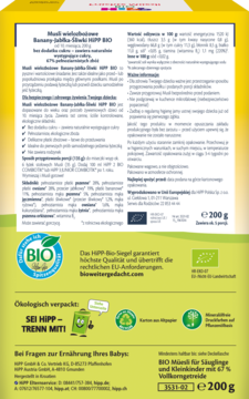Tył żółto-zielonego opakowania HiPP BIO Musli Banany-Jabłka-Śliwki 200g, z tekstem o składzie i certyfikatem BIO.