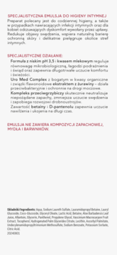 AA Intymna Advanced Med+ emulsja do higieny intymnej, tył opakowania, szczegółowy opis i skład.