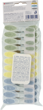 Tył wielopaku plastikowych spinaczy do bielizny w kolorach zielonym, żółtym i niebieskim. Widoczna etykieta z instrukcją.