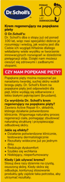 Żółte pudełko kremu Dr. Scholl's na popękane pięty z opisem działania, użycia i składem Active Repair K+.