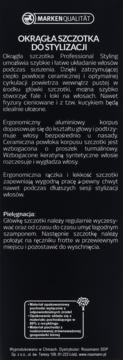 Czarna ulotka z białym tekstem: 'Okrągła szczotka do stylizacji', opisująca ceramiczną powłokę i keratynę we włosiu.