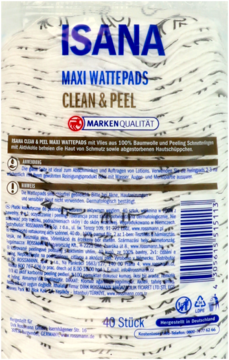 Isana Maxi Wattepads Clean & Peel, 40 szt. Białe płatki do peelingu z wzorem węgla aktywnego, przód opakowania.