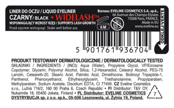 Tył etykiety Eveline Cosmetics Liquid Eyeliner Black Widelash. Widoczna lista składników, testowany dermatologicznie.