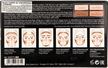 Paleta pudr&oacute;w do konturowania i strobingu #002 Medium Skin. Tył opakowania z diagramami konturowania twarzy.
