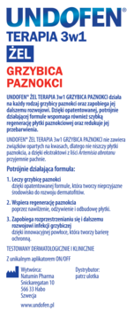 Undofen Terapia 3w1 Żel na grzybicę paznokci, białe opakowanie z niebiesko-czerwonym tekstem, widok z przodu.