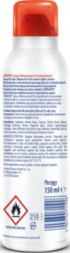 Tył białej butelki antygrzybicznego sprayu Undofen do stóp 150ml, z etykietą zawierającą instrukcje i skład.