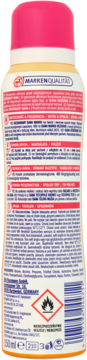 Tył dezodorantu Isana Fruity Care w sprayu, różowa nakrętka, pomarańczowa butelka, widoczny tekst, symbole.