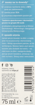 Tył niebiesko-beżowego opakowania dermokosmetyku tołpa serum-booster 75 ml z kodem, składem i opisem użycia.