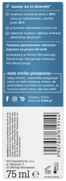 Tył niebieskiego opakowania Tołpa 75 ml, informacje o nawilżeniu skóry, składzie, testach i kodzie EAN.