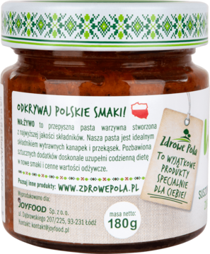 Tył szklanego słoika pasty warzywnej WA:ŻYWO 180g Zdrowe Pola, z etykietą "Odkrywaj Polskie Smaki!".