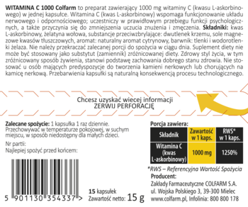 Tył opakowania suplementu WITAMINA C 1000 Collfarm z 1000mg witaminy C, składem, dawkowaniem i kodem kreskowym.