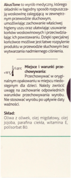 Część ulotki AkusTone. Opis wyrobu medycznego do usuwania woskowiny, lista składników i warunki przechowywania.