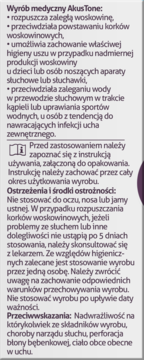 Etykieta wyrobu medycznego AkusTone z polskim tekstem: zastosowanie (woskowina), ostrzeżenia, przeciwwskazania.
