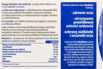 Widok błękitnego boku suplementu z tekstem o luteinie, beta-karotenie i witaminie C dla zdrowia oczu i siatkówki.