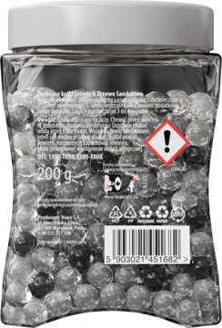 Tył przezroczystego pojemnika z żelowymi kulkami zapachowymi Jaśmin i Drzewo Sandałowe, z etykietą i kodem.