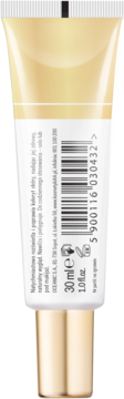 Tył złoto-białej tubki bazy pod makijaż NATURAL GLOW 30ml, widoczny kod kreskowy i polskie napisy, pionowo.