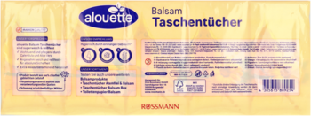 Tył żółtego opakowania Alouette Balsam Taschentücher, 15x10 sztuk, 4-warstwowe, z niemieckim tekstem.