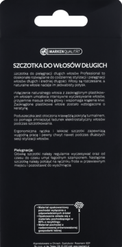 Tył czarnego opakowania szczotki do włosów długich. Opisuje włosie naturalne, turmalin i eko skład opakowania.