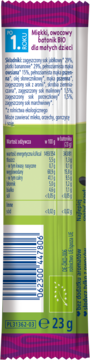 Tył zielono-fioletowego owocowego batonika HiPP BIO (23g), po 1. roku, z tabelą odżywczą i kodem.