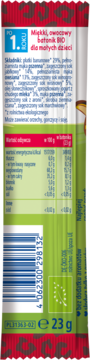 Tył zielonego opakowania miękkiego batonika BIO Hipp 23g dla dzieci od 1. roku, z kodem i info bez aromatów.