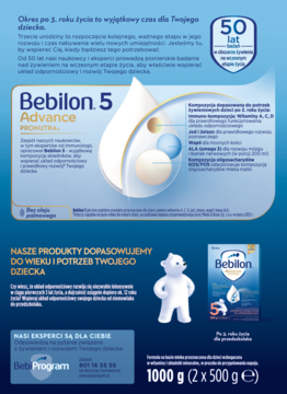 Reklama Bebilon 5 Advance Pronutra, mleka modyfikowanego wspierającego odporność przedszkolaków, opakowanie 1000g.