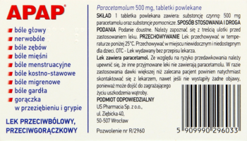 Apap, widok z tyłu opakowania leku przeciwbólowego z paracetamolem, biały karton, lista dolegliwości.