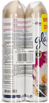 Glade Aero odświeżacz R.Zen, duopack, widok z tyłu złoto-fioletowych puszek, z kodem kreskowym.