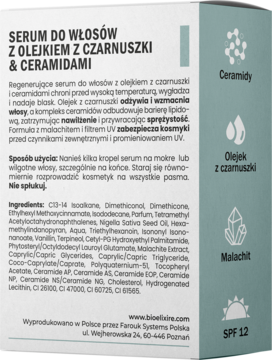 Bioelixire serum do włosów z olejkiem z czarnuszki i ceramidami, tył zielono-białej butelki z tekstem PL.