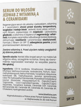 Tył opakowania serum do włosów Bioelixire Jedwab z witaminą A i ceramidami, z widocznym opisem, składem i ikonami SPF 12.