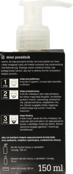 Tołpa, tył czarnego opakowania kosmetyków do brody z białym poradnikiem i ilustracjami etapów wzrostu zarostu.