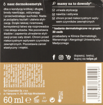 Tył brązowo-czarnego opakowania dermokosmetyku do brody Tołpa 60 ml, z opisem, składem i kodem kreskowym.