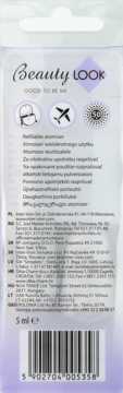 Tył fioletowo-białego opakowania atomizera Beauty LOOK. Widoczne ikony podróżne i tekst w wielu językach.