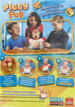 Goliath Piggy Pop: pudełko z dziećmi grającymi z rosnącym prosiaczkiem, instrukcje, polski tekst i logo.