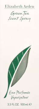 Elizabeth Arden Green Tea Scent Spray, białe opakowanie z zielonym liściem, widok z przodu, 100ml wody perfumowanej.