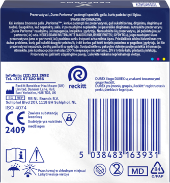 Tył opakowania prezerwatyw Durex Performa 3 szt., z lubrykantem, widoczne certyfikaty i kod kreskowy.