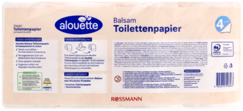 Tył opakowania Alouette papieru toaletowego 4-warstwowego z balsamem shea, 8 rolek, logo Rossmann.