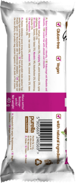 Tył opakowania Purella Baton Kokosowy z migdałami i chlorellą, białe z magenta, 40g, gluten-free i vegan.