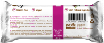 Tył srebrno-purpurowego batonu Purella kokosowego z migdałami i chlorellą, etykiety 'Gluten-free', 'Vegan', '40g'.