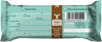 Tył niebiesko-brązowego opakowania batona Purella High Protein 60g, z hasłami: bez glutenu i naturalne składniki.