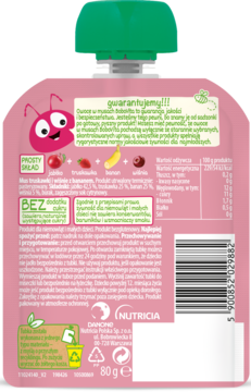 Tył różowej tubki BoboVita: Deserek Truskawki wiśnie banan, etykieta z inf. odżywczą, zielona zakrętka.