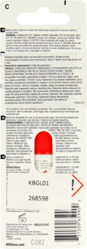 Tył opakowania kleju do paznokci Kiss, biała etykieta z instrukcjami w wielu językach i kodem produktu KBGL01.