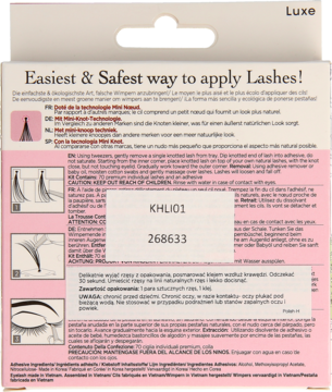 Tył opakowania kępek rzęs Kiss Natural Look Luxe z instrukcją „Easiest way to apply Lashes”.