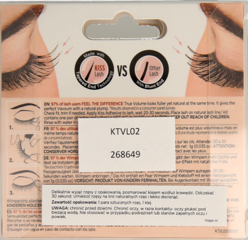 Tył opakowania sztucznych rzęs Kiss Ritzy Kiss. Widoczne instrukcje aplikacji i kody produktu.
